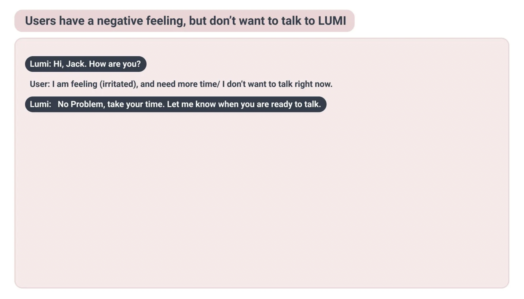 Voice Script 3: User has a negative feeling but doesn't want to talk. Lumi respects the boundary: 'No problem, take your time. Let me know when you are ready to talk.'